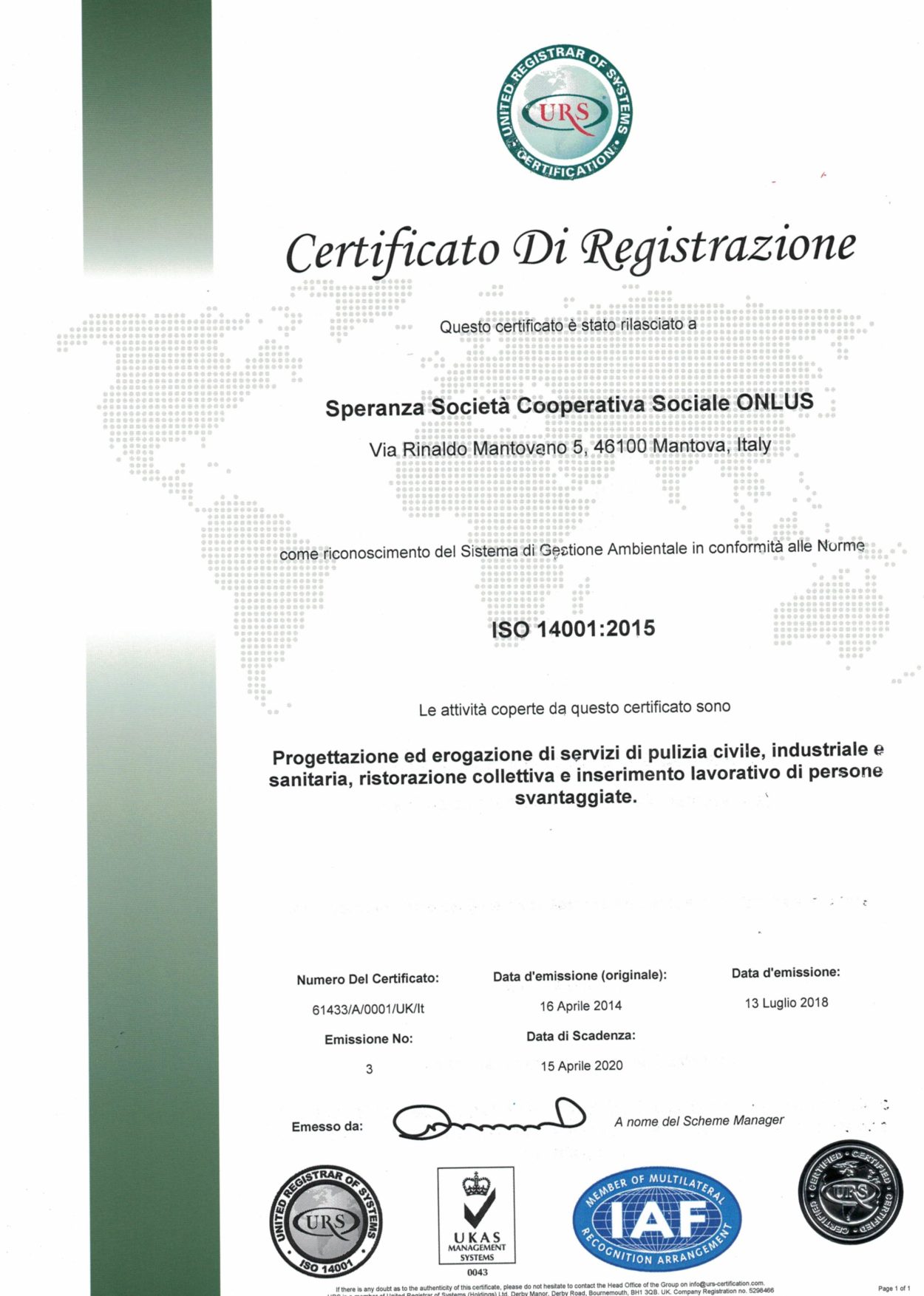 certificato sistema abientale 2018 certificato sistema abientale 2018